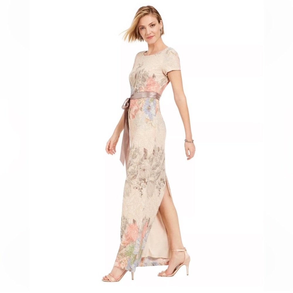 Adrianna Papell Blush Floral Lace Maxi Dress with Satin Sash